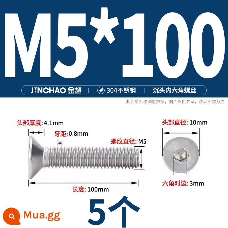 Jinchao 304 thép không gỉ chìm đầu vít lục giác bu lông đầu phẳng phẳng cốc vít M2.5M34M6M8M10M12 - M5*100(5 cái)