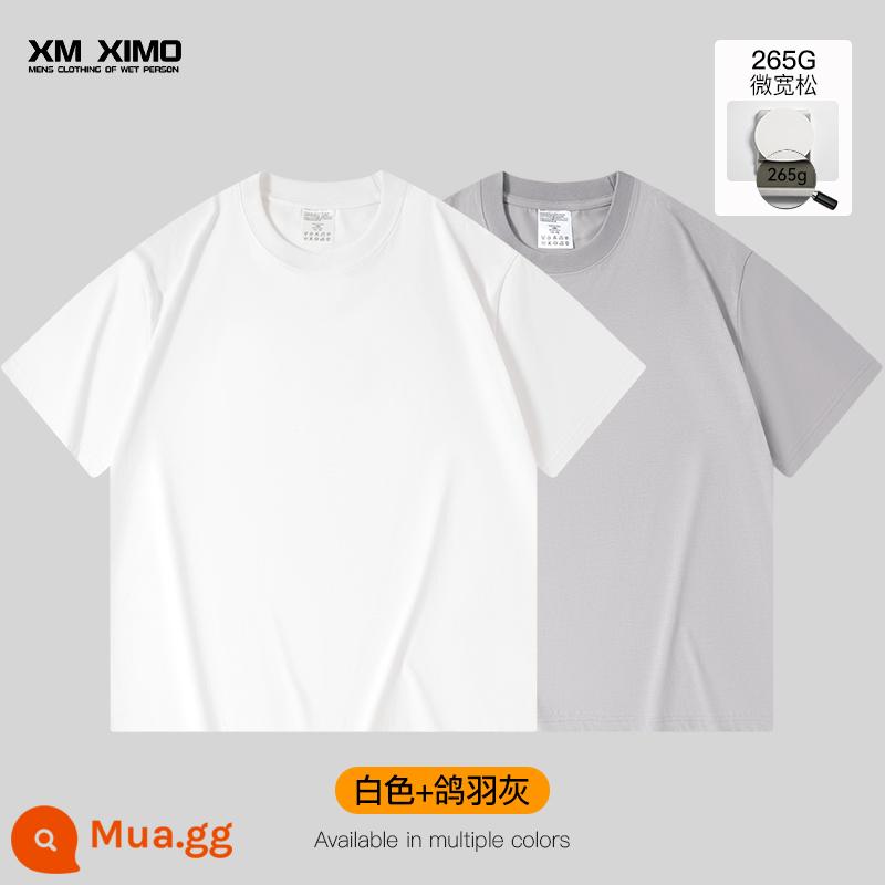 Bộ hai món ~ Áo thun nam ngắn tay màu trắng cotton nguyên chất nặng 355g cổ tròn dáng rộng cho nam giới mùa xuân hè bên trong xếp lớp thương hiệu hợp thời trang - [Gói 2❤️265G Micro Loose] Trắng + Xám Lông Bồ Câu