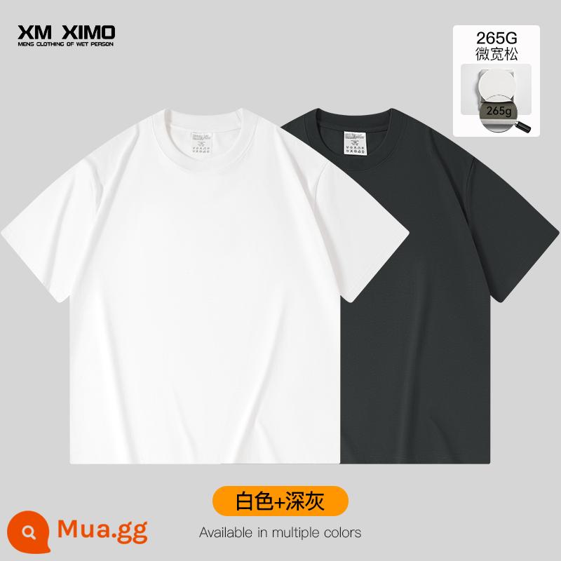 Bộ hai món ~ Áo thun nam ngắn tay màu trắng cotton nguyên chất nặng 355g cổ tròn dáng rộng cho nam giới mùa xuân hè bên trong xếp lớp thương hiệu hợp thời trang - [Gói 2❤️265G Micro Loose] Trắng + Xám Đậm