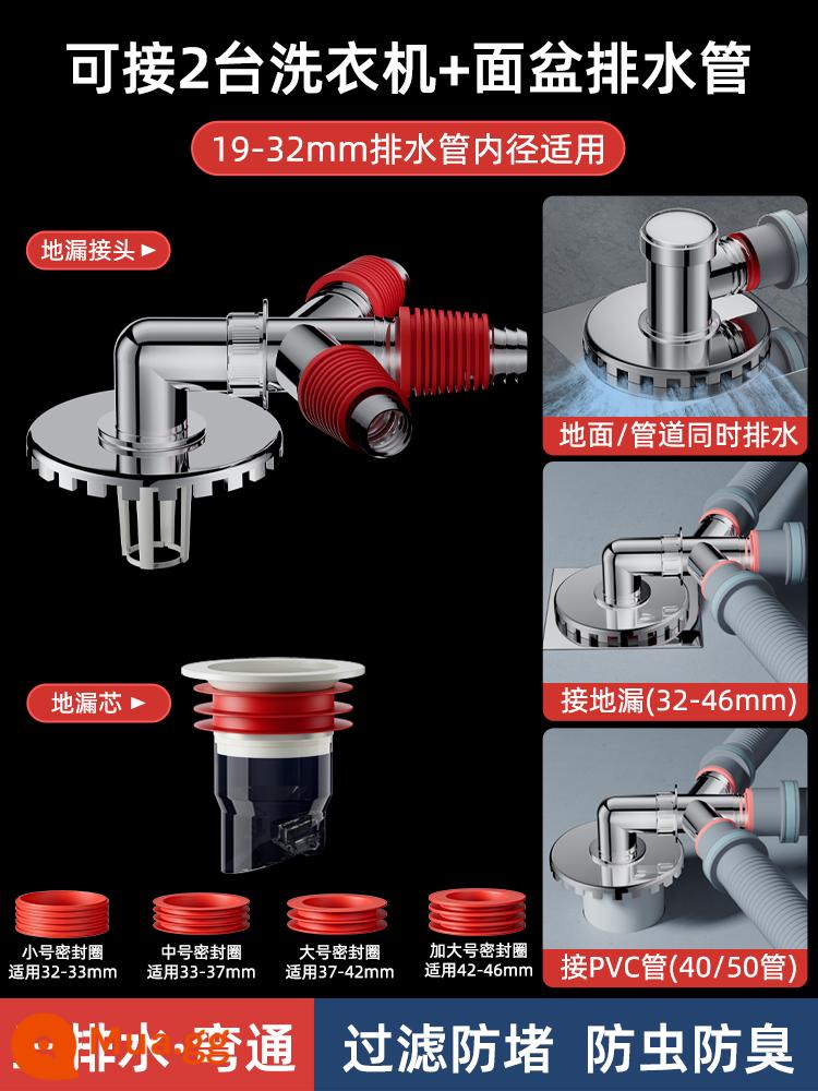 Ống thoát nước máy giặt khớp nối thoát sàn cống thoát nước đặc biệt giao diện ba chiều khớp nối mông hai trong một kết nối ba đầu - [Loại B ● Ba Ống Thoát Nước] Cong Thẳng Qua (Bộ lọc khử mùi Vỏ thép không gỉ)