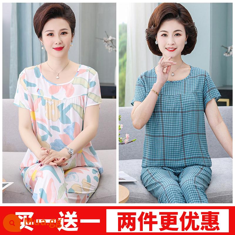 Bộ đồ ngủ lụa cotton cho mẹ của phụ nữ mùa hè mỏng cho người trung niên và người già Bộ quần áo ở nhà bằng cotton nhân tạo 2023 bộ đồ hai mảnh ngắn tay mới - Năm ánh sáng giữa hè + Màu xanh độc đáo