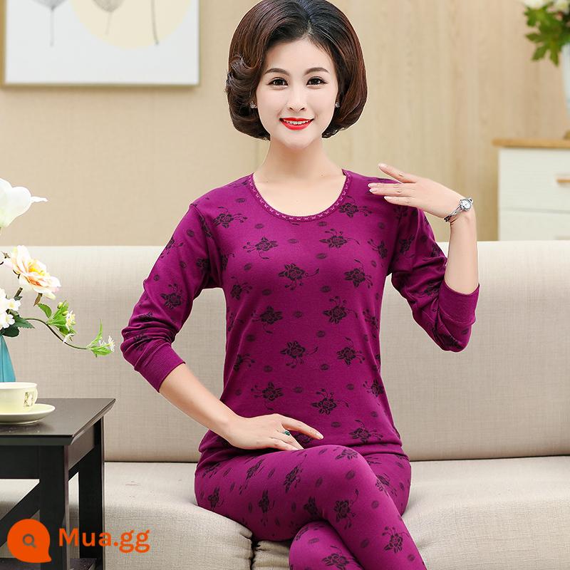 Nhung bắc cực trung niên và cao tuổi quần áo mùa thu vệ sinh quần phù hợp với phụ nữ cotton nguyên chất người cao tuổi áo len bông phụ nữ sưởi ấm quần áo đáy bông - [Cổ tròn] Tím