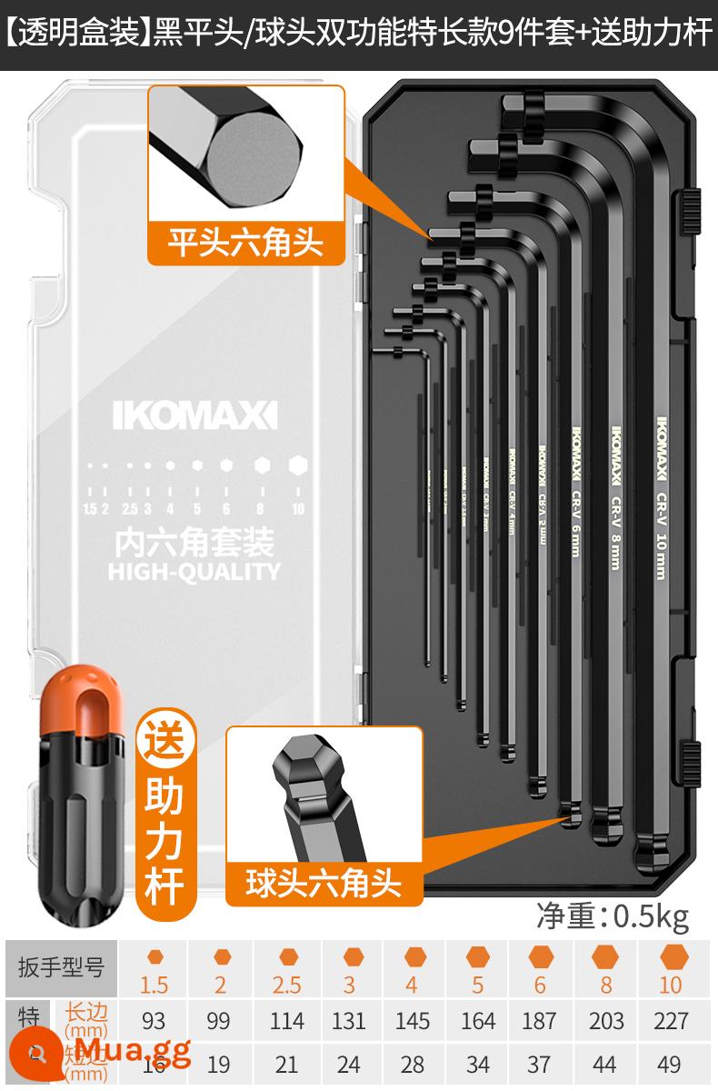 Bộ cờ lê lục giác bên trong đa năng đơn lục giác 6 góc bên trong lục giác hoa mận lục giác Công cụ tuốc nơ vít hệ mét - [Hộp trong suốt] Bộ 9 món có chiều dài đặc biệt có đầu dẹt màu đen/đầu bi kép + thanh trợ lực miễn phí