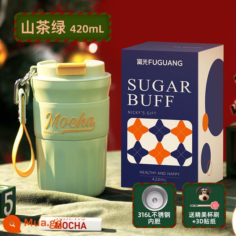 Fuguang cốc cà phê gốm lót dung tích lớn giữ nhiệt cốc cốc nước di động dành cho nữ sinh viên 2023 hộp quà tặng mới cốc - Camellia Green 420ml [Lớp lót bằng thép không gỉ 316L] + nhãn dán 3D ngẫu nhiên (bao gồm cọ cốc)