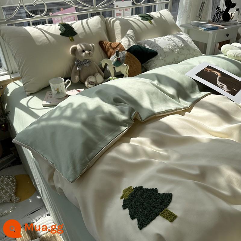 Bộ bốn mảnh bằng vải cotton đã giặt hoạt hình alpaca dễ thương dành cho trẻ em để ngủ khỏa thân trên giường, ga trải giường phong cách mục vụ, vỏ chăn thêu, bộ ba mảnh - Cây thông Noel [thêu cotton đã giặt]