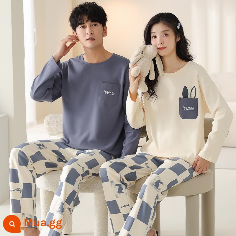 Bộ đồ ngủ cặp đôi mùa xuân và mùa thu áo chui đầu dài tay bằng cotton nguyên chất có thể mặc bên ngoài cho nam và nữ quần áo ở nhà hoạt hình cotton thu đông dễ thương - Cặp đôi JS8903