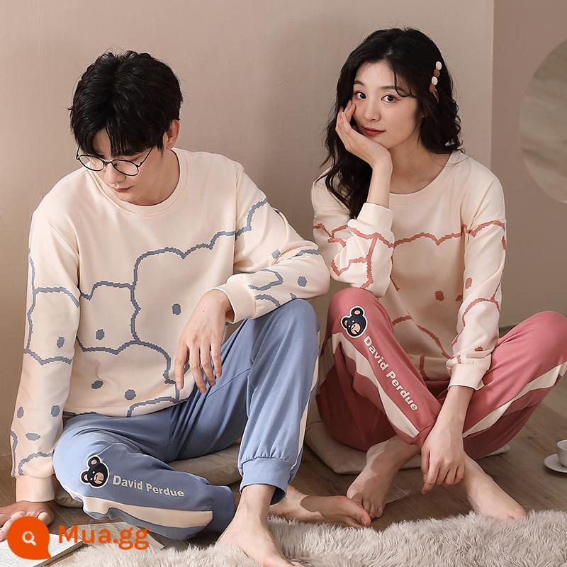 Bộ đồ ngủ cặp đôi mùa xuân và mùa thu áo chui đầu dài tay bằng cotton nguyên chất có thể mặc bên ngoài cho nam và nữ quần áo ở nhà hoạt hình cotton thu đông dễ thương - Cặp đôi MX8809