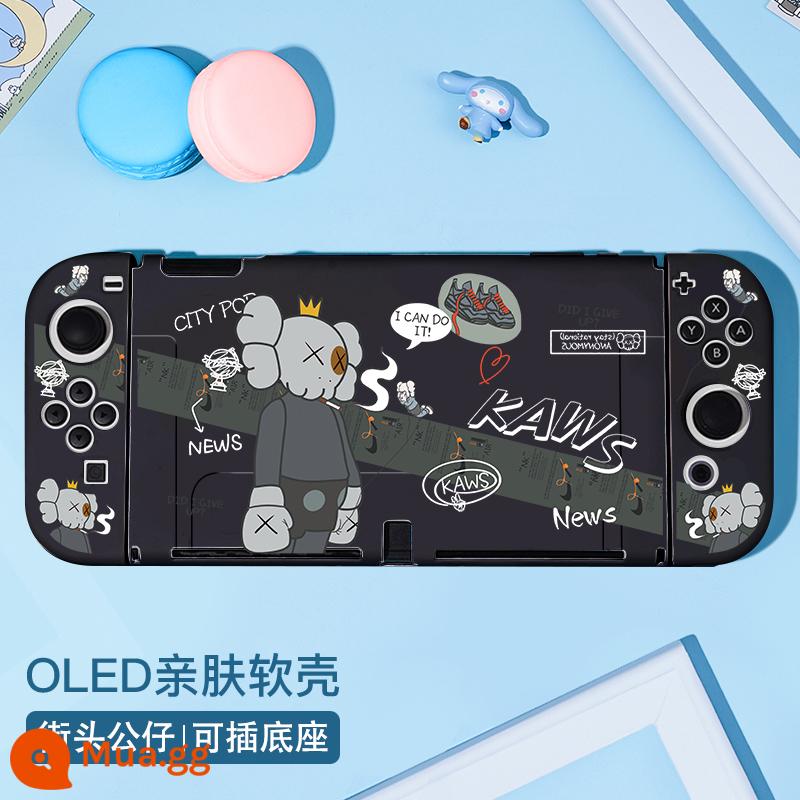 Nintendo Switch Bảo vệ NS NS Shell Switcholed Protective Shell Silicone có thể chèn miếng dán Siwch hai cơ sở tay cầm mềm tay Túi lưu trữ máy chủ mềm - Vỏ mềm theo chủ đề OLED [hình đường phố] đi kèm với phim + nắp + chân đế