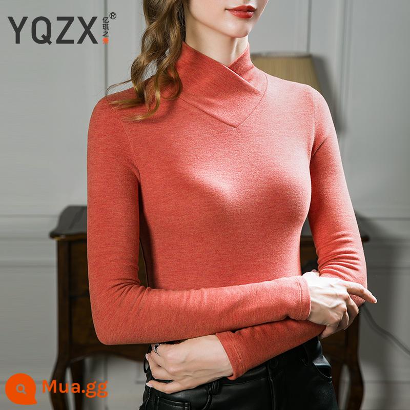 Áo sơ mi nữ cổ cao có đáy bằng lụa cashmere nhung Đức mùa thu đông 2022 cổ cao lớp bên trong cộng nhung dày sưởi ấm màu đen - Áo cổ chữ V màu đỏ lá phong [Nhung Zhende+lụa+cashmere]