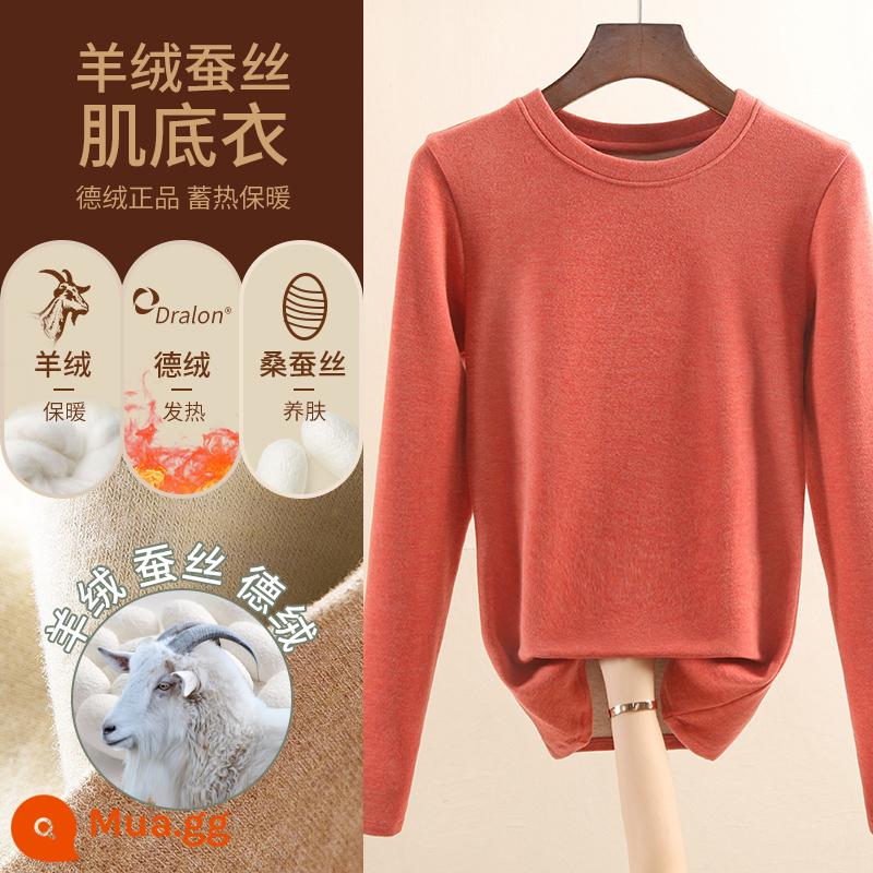 Áo sơ mi nữ đáy nhung lụa cashmere Đức 2022 kiểu mới cộng nhung dày ấm thu đông phong cách nước ngoài - Lá phong đỏ/cổ tròn