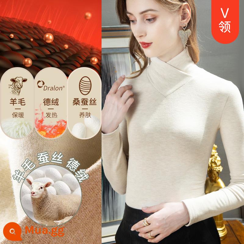 Áo sơ mi nữ cổ cao có đáy bằng lụa cashmere nhung Đức mùa thu đông 2022 cổ cao lớp bên trong cộng nhung dày sưởi ấm màu đen - Áo nước cốt dừa/áo cổ chữ V [Nhung Zhende+lụa+cashmere]