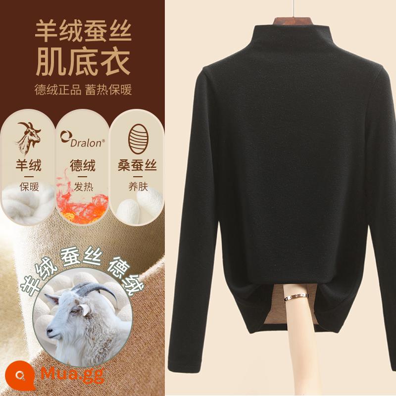 Áo sơ mi nữ đáy nhung lụa cashmere Đức 2022 kiểu mới cộng nhung dày ấm thu đông phong cách nước ngoài - đen