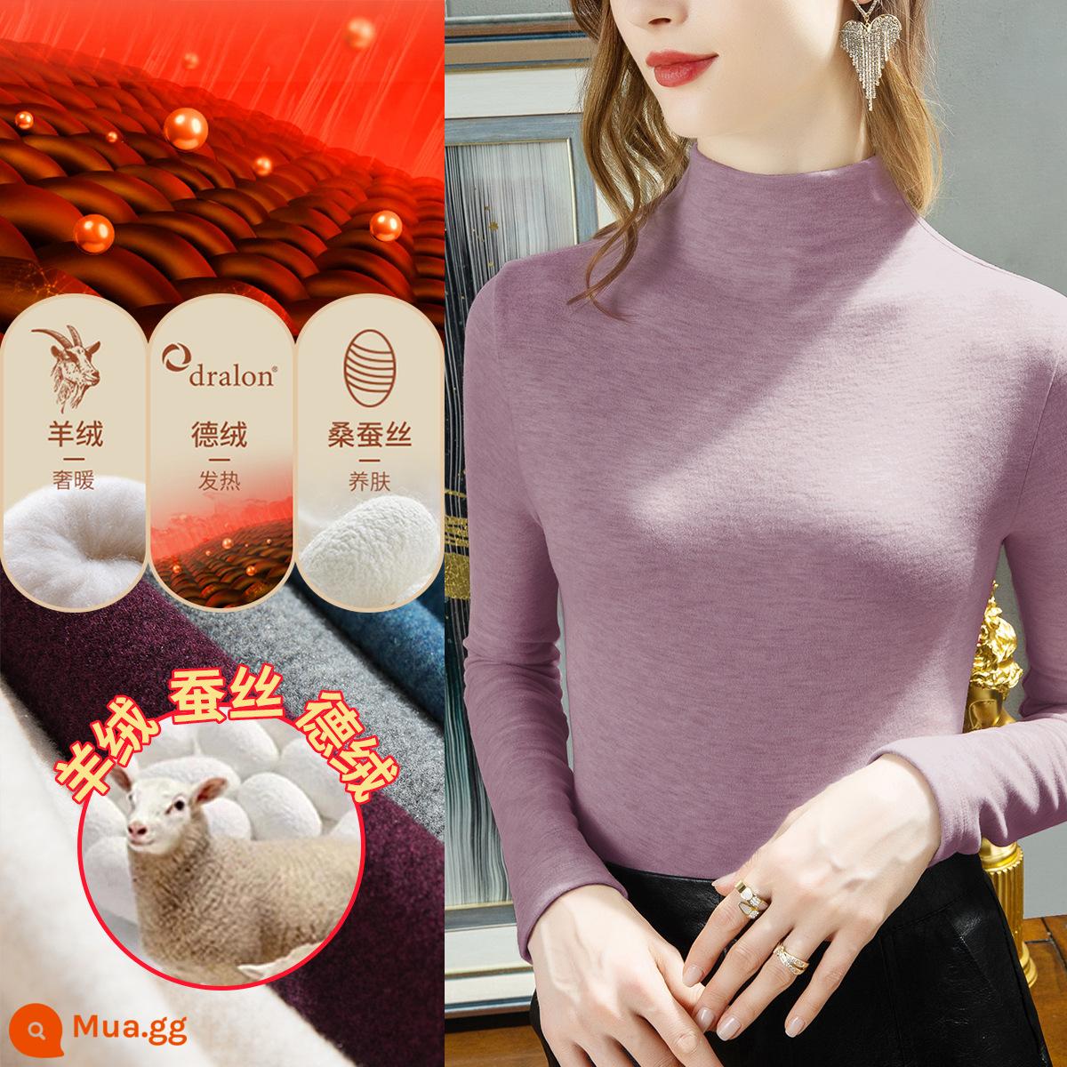 Áo sơ mi nữ cổ cao có đáy bằng lụa cashmere nhung Đức mùa thu đông 2022 cổ cao lớp bên trong cộng nhung dày sưởi ấm màu đen - Áo cổ lọ màu tím/nửa cổ [Nhung Zhende+lụa+cashmere]