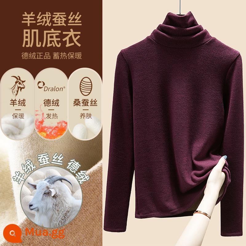 Áo sơ mi nữ đáy nhung lụa cashmere Đức 2022 kiểu mới cộng nhung dày ấm thu đông phong cách nước ngoài - màu tím đậm/cổ cao