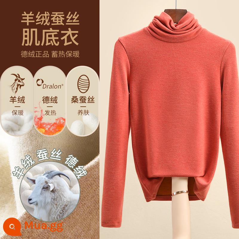 Áo sơ mi nữ đáy nhung lụa cashmere Đức 2022 kiểu mới cộng nhung dày ấm thu đông phong cách nước ngoài - Lá phong đỏ/cổ cao