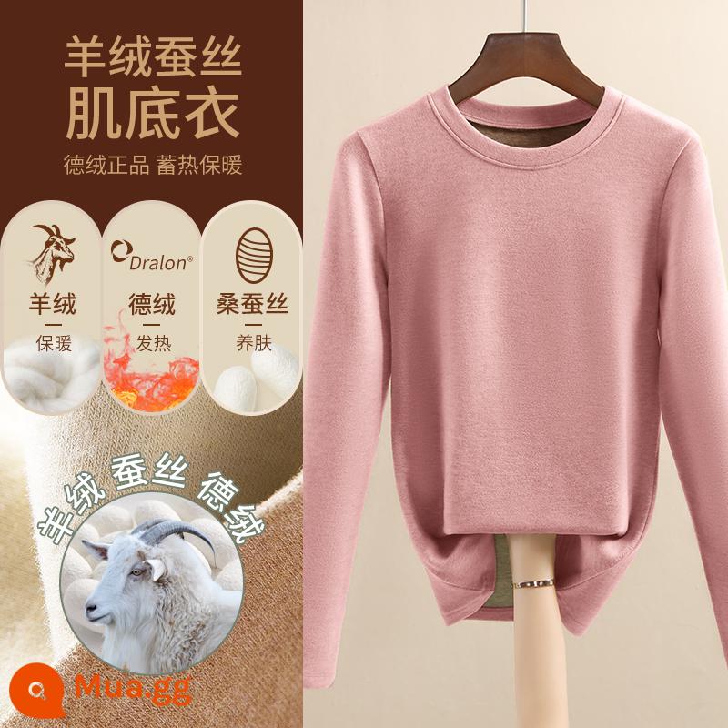 Áo sơ mi nữ đáy nhung lụa cashmere Đức 2022 kiểu mới cộng nhung dày ấm thu đông phong cách nước ngoài - Cổ tròn/hồng