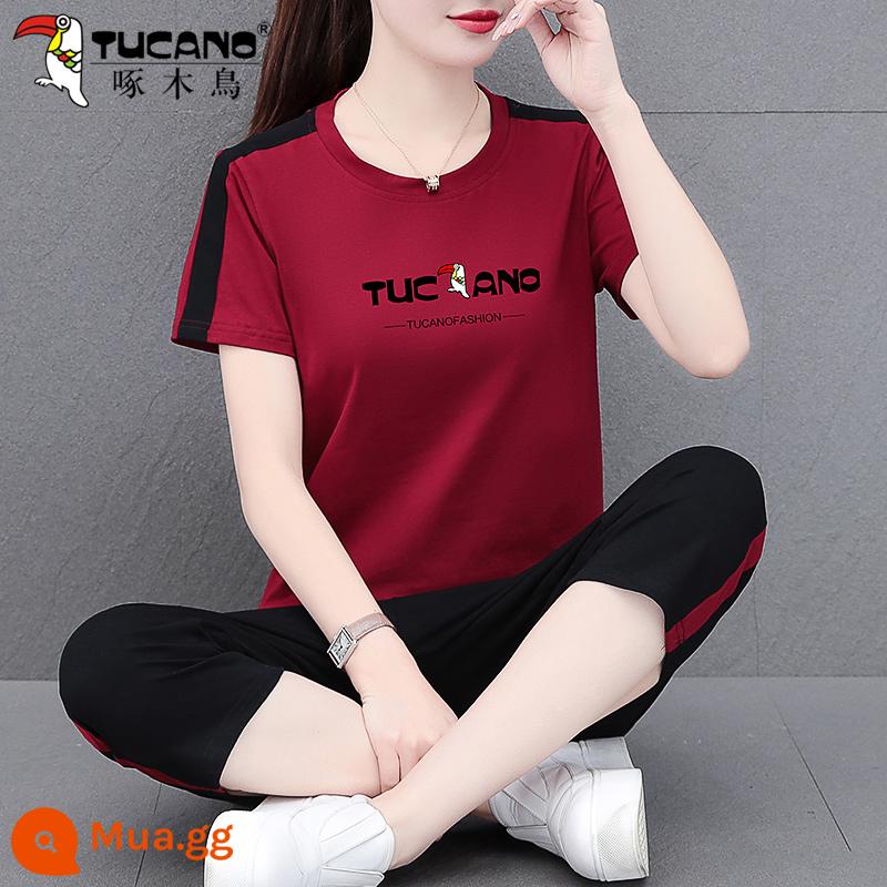 Chim Gõ Kiến Cotton Bộ Đồ Thể Thao Nữ Mùa Hè 2023 Thời Trang Mới Giảm Tuổi Mẹ Cắt Quần 2 Bộ - rượu vang