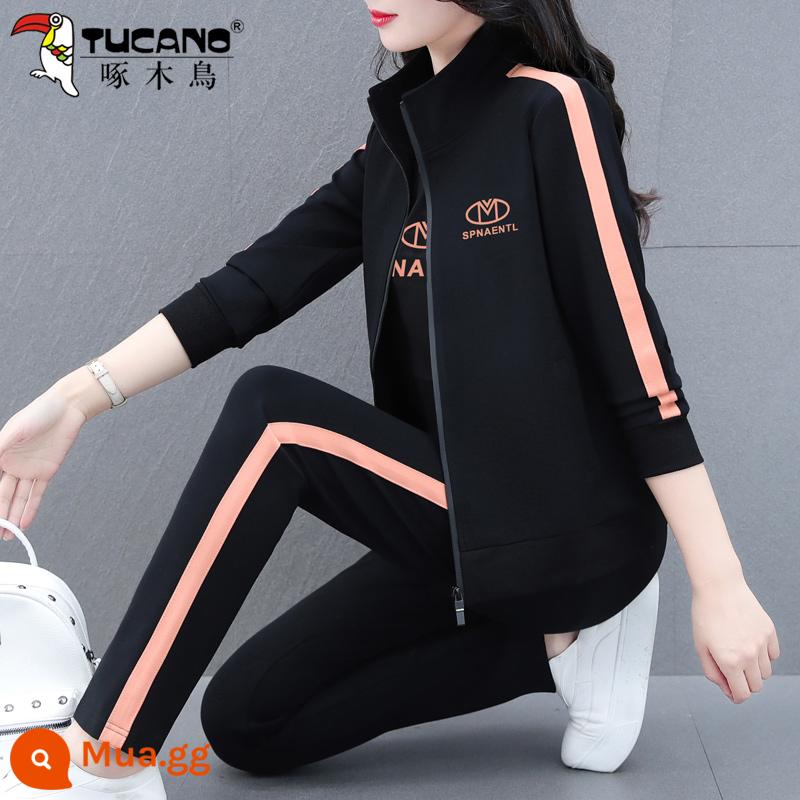 Chim Gõ Kiến Áo Thể Thao Bộ Đồ Nữ Xuân Thu 2023 Mới Thu Mẹ Trung Niên Áo Khoác Cardigan 3 Bộ - Đen (áo khoác + quần)