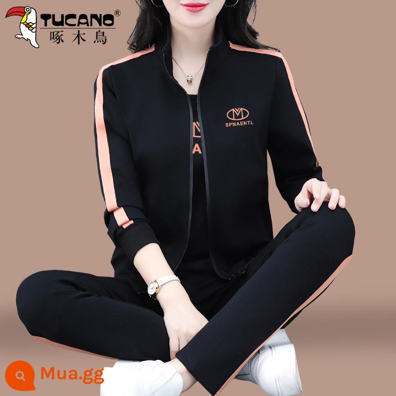 Chim Gõ Kiến Áo Thể Thao Bộ Đồ Nữ Xuân Thu 2023 Mới Thu Mẹ Trung Niên Áo Khoác Cardigan 3 Bộ - Đen (áo khoác + tay ngắn + quần)