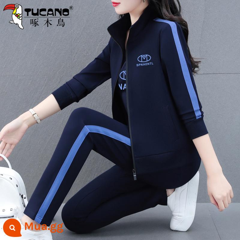 Chim Gõ Kiến Áo Thể Thao Bộ Đồ Nữ Xuân Thu 2023 Mới Thu Mẹ Trung Niên Áo Khoác Cardigan 3 Bộ - Màu xanh hải quân (áo khoác + quần)