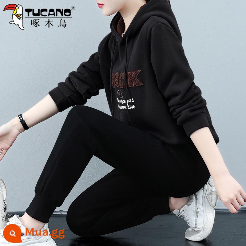 Chim Gõ Kiến Mùa Đông Trang Bộ Đồ Thể Thao Nữ 2022 Mới Rời Cổ Nữ Hoodie 2 Bộ - Đen [thường]