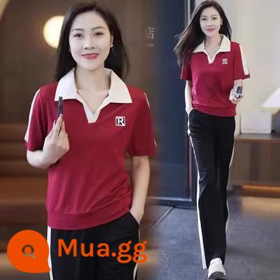 OUROSESAN thương hiệu giản dị phù hợp với áo len nữ 2023 thời trang mới thể thao chạy giảm béo 2 bộ đồ - Màu đỏ tía [bộ đồ ngắn tay]