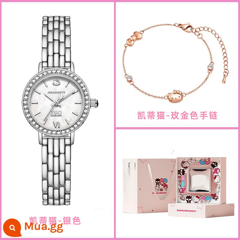 Đồng hồ Tidecolor doanh Sanrio hello kitty dành cho nữ thích hợp dành cho nữ ánh sáng sang trọng cao cấp cảm giác Tứ Xuyên Fritillaria - Hello bạc + tay Kitty [hộp quà màu hồng và trắng]