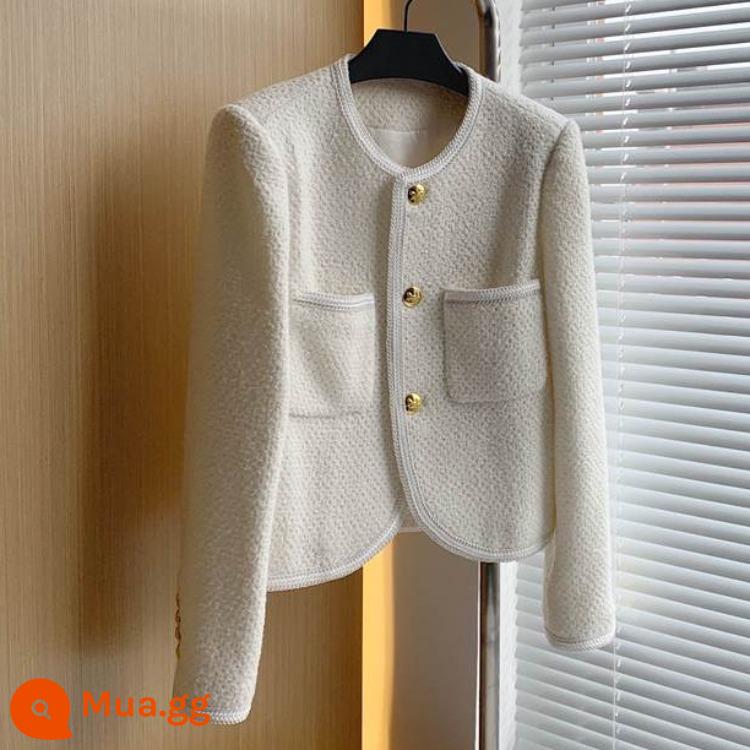 Mùa xuân mới phong cách Pháp hương thơm nhỏ phong cách đen cao cấp áo khoác ngắn nữ len cừu retro tweed áo khoác thanh lịch - màu trắng thanh lịch