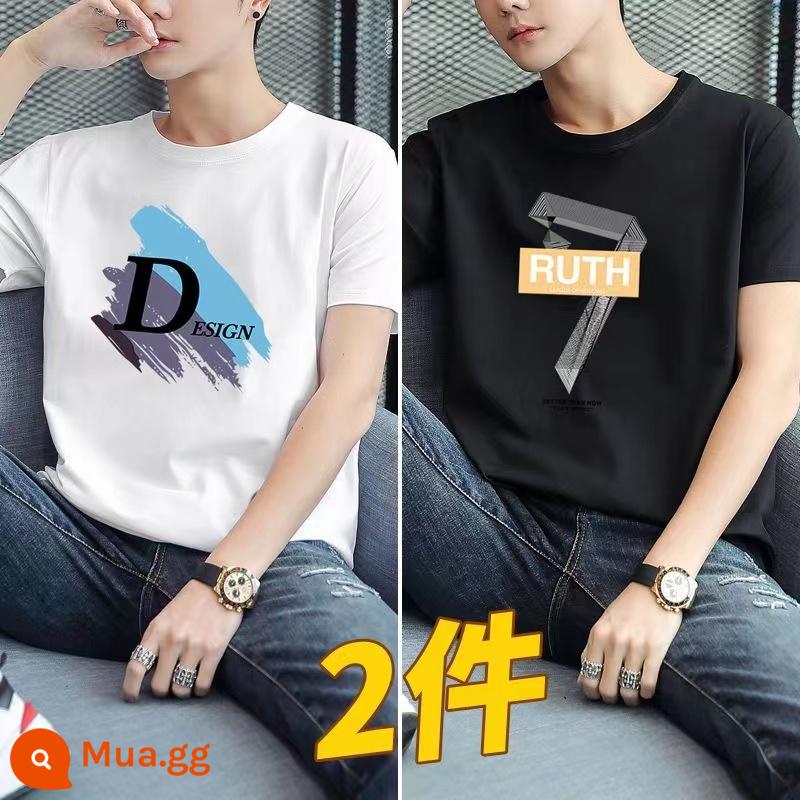 2 cái] Semir Group cotton áo thun nam ngắn tay cotton mới thời trang mùa hè bán tay nửa tay trẻ trung phù hợp với mọi lứa tuổi - Big D trắng + Big 7 đen