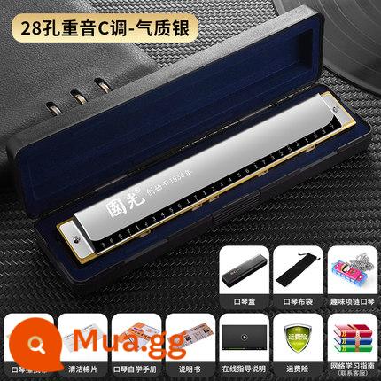 Guoguang kèn harmonica có dấu 24 lỗ nam và nữ mới bắt đầu học sinh người lớn trẻ em nhập học phím C đa âm mức độ biểu diễn chuyên nghiệp - Bạc C 28 Lỗ + Trọn Bộ Quà Tặng