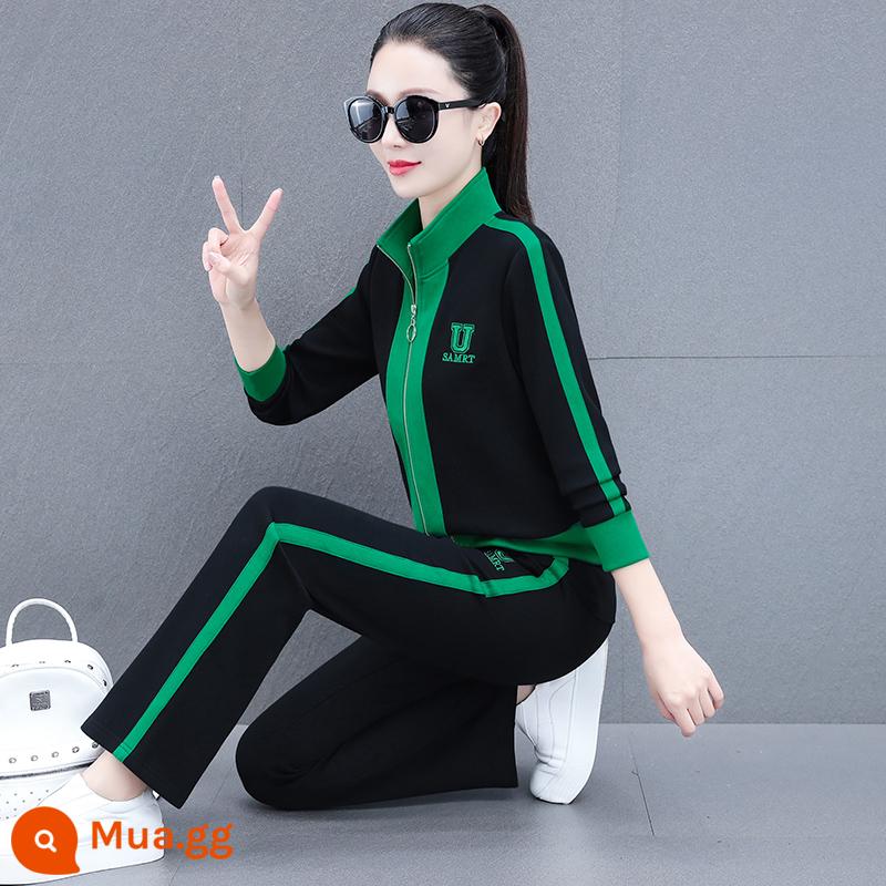 Bộ đồ thể thao nữ mùa xuân và mùa thu phong cách nước ngoài thời trang trẻ trung cổ áo cardigan cotton dày T chạy bộ quần ống rộng hai món trang phục thường ngày - đen