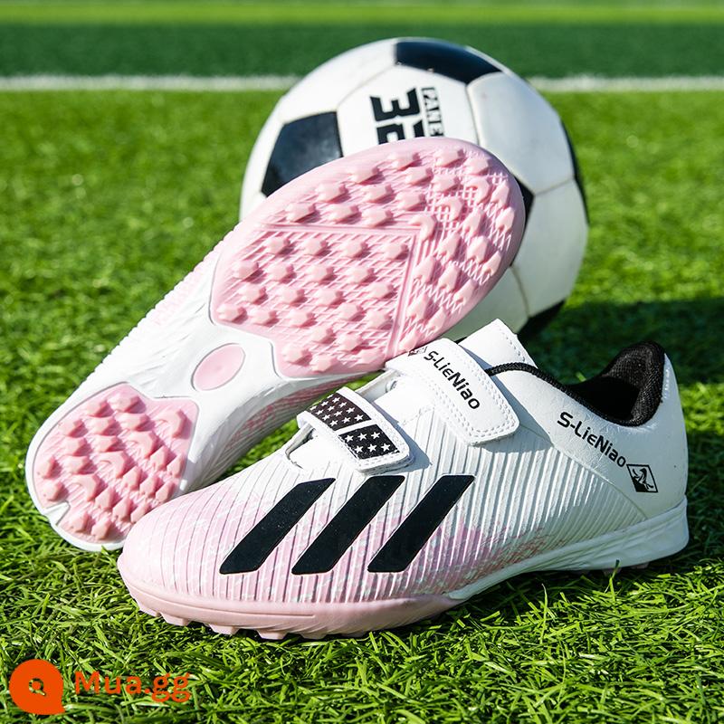 Giày bóng đá dành cho trẻ em tuổi trẻ mới của Ronaldo Messi dành cho học sinh nam và nữ Giày tập trẻ em Velcro TF bị gãy móng - Móng tay đập trắng X19-1 [mua một tặng năm]