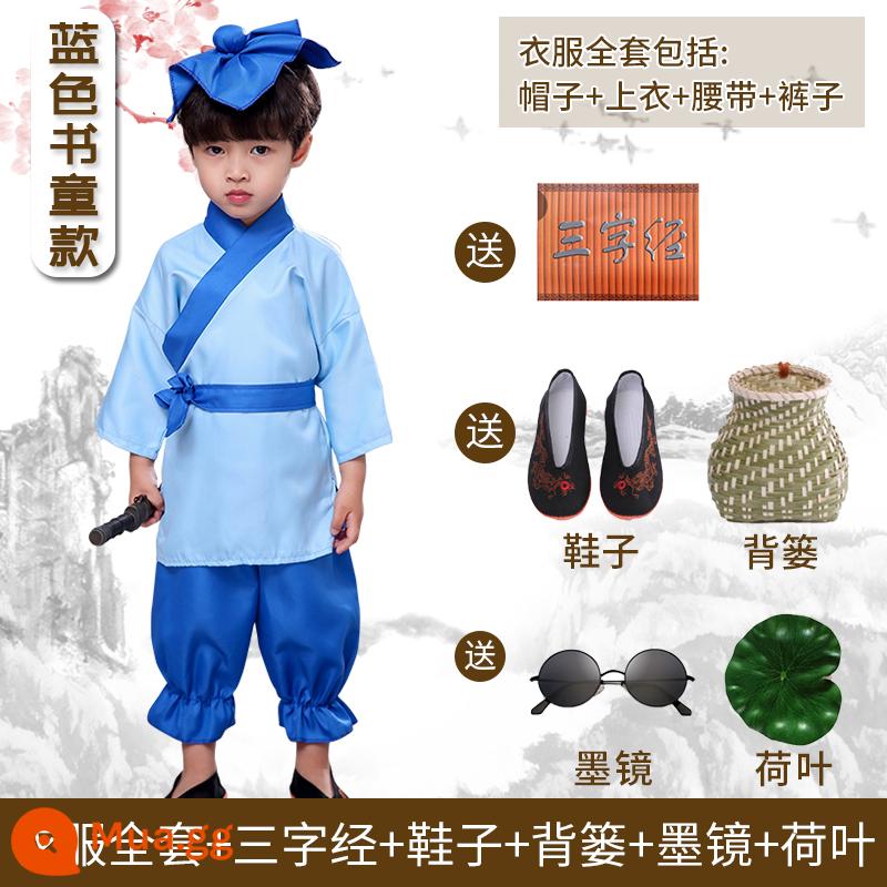 Trẻ Em Hanfu Bé Trai Nhà Sư Nhỏ Quần Áo Bé Ảnh Bé Trang Phục Sách Cậu Bé Chăn Cừu Shop Nhỏ Hai Hiệu Suất Quần Áo - Sách xanh Phong cách trẻ em + Giày + Giỏ tre, Kinh ba chữ miễn phí + Lá sen + Kính