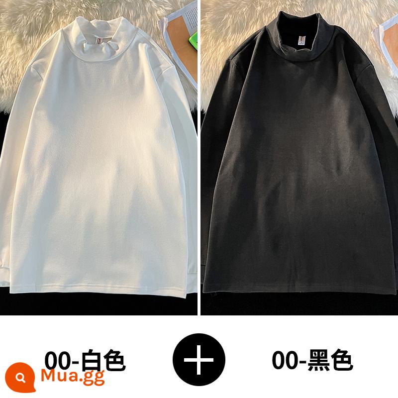 Demo semi -High -Necked dài -sleeved t -shirt nam quần áo mùa thu ấm áp và nhung dày mùa thu và mùa đông, mặc quần áo và áo sơ mi dưới - 00-trắng+00-đen