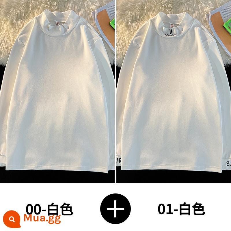 Demo semi -High -Necked dài -sleeved t -shirt nam quần áo mùa thu ấm áp và nhung dày mùa thu và mùa đông, mặc quần áo và áo sơ mi dưới - 00-trắng+01-trắng