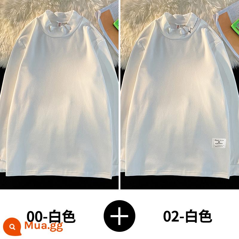 Demo semi -High -Necked dài -sleeved t -shirt nam quần áo mùa thu ấm áp và nhung dày mùa thu và mùa đông, mặc quần áo và áo sơ mi dưới - 00-trắng+02-trắng