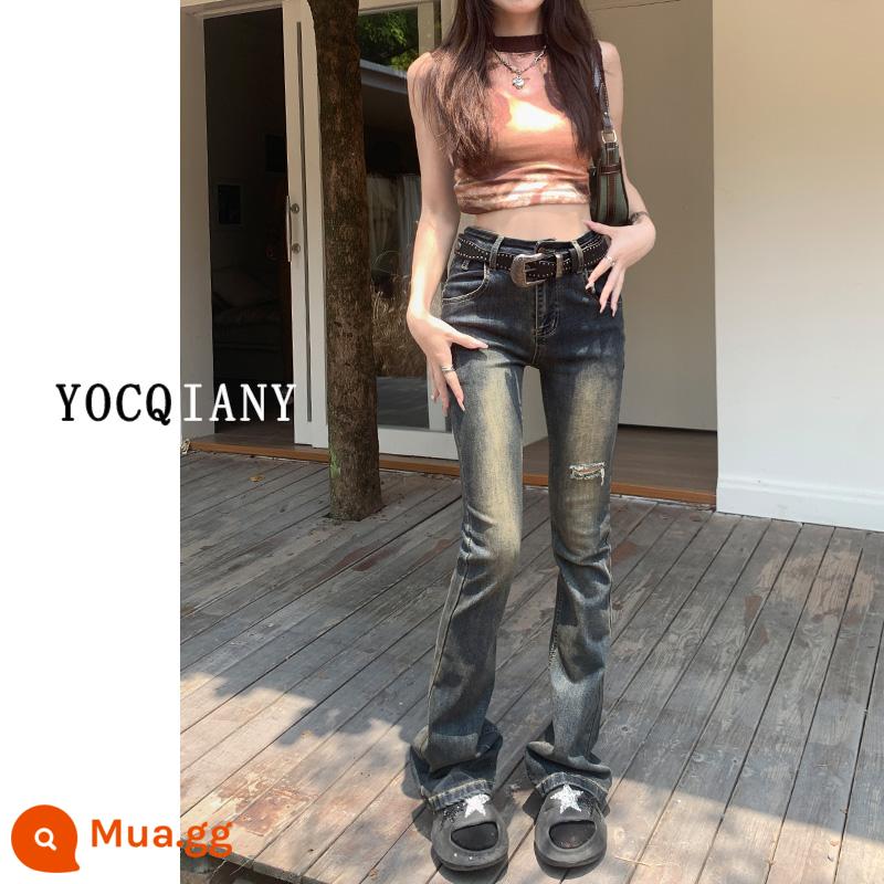 Hot Girl Retro Bootcut Quần Jean Nữ Mùa Hè 2023 Phong Cách Mới Lỗ Nhỏ Cao Cấp Đầu Thu Ngựa Móng Guốc Quần - Quần màu xám nhạt