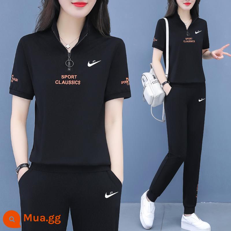 Trang web chính thức Bộ quần áo thể thao cotton nửa dây kéo chính hãng mùa hè 2023 mới hai mảnh mùa hè ngắn tay giản dị cho nữ - 6199 màu đen