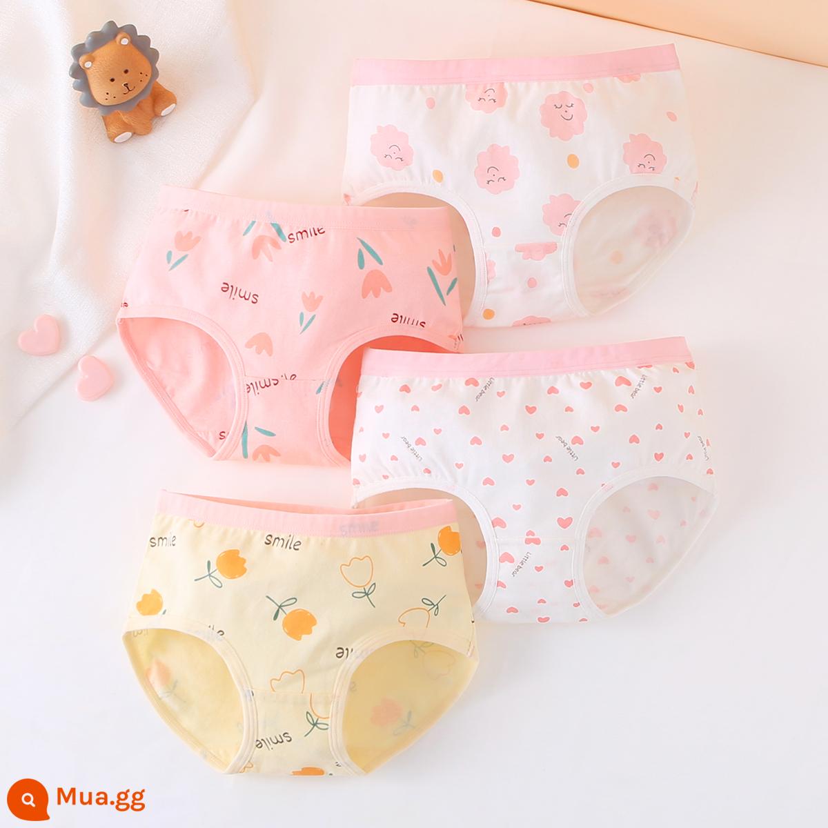 Đồ lót bé gái quần đùi 4 góc quần đùi trẻ em cotton nguyên chất mùa hè 4 góc mỏng bé gái trung niên và nhỏ 100% không kẹp pp - Mặt Cười Hoa Hồng (Phong Cách Tam Giác) (4 Gói) Cotton Chải Kỹ Loại A