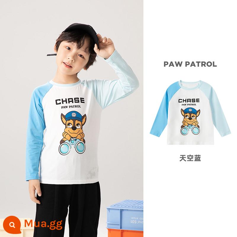 Áo thun dài tay bé trai Paw Paw Team xuân thu 2023 bé trai Áo thun cotton trẻ em bé gái đáy áo sơ mi hợp thời trang - Màu tương phản xanh nhạt Archie