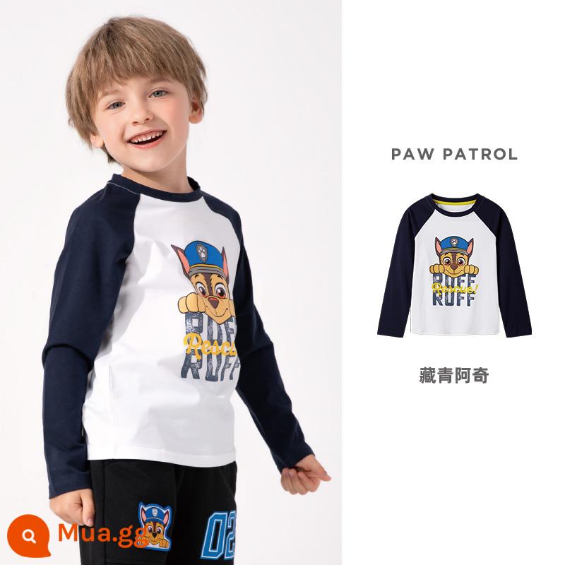 Áo thun dài tay bé trai Paw Paw Team xuân thu 2023 bé trai Áo thun cotton trẻ em bé gái đáy áo sơ mi hợp thời trang - Hải quân Archie