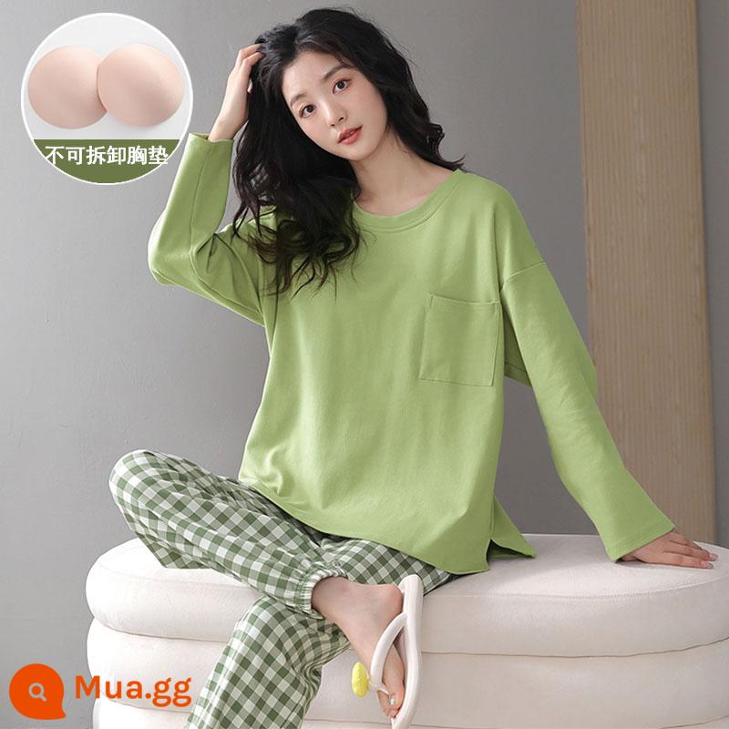 Bộ đồ ngủ nữ mùa xuân, mùa thu và mùa đông cotton nguyên chất dài tay rộng rãi có đệm ngực có thể mặc ra ngoài trong bộ đồ phục vụ tại nhà mùa đông - 6939[Đệm ngực không thể tháo rời]