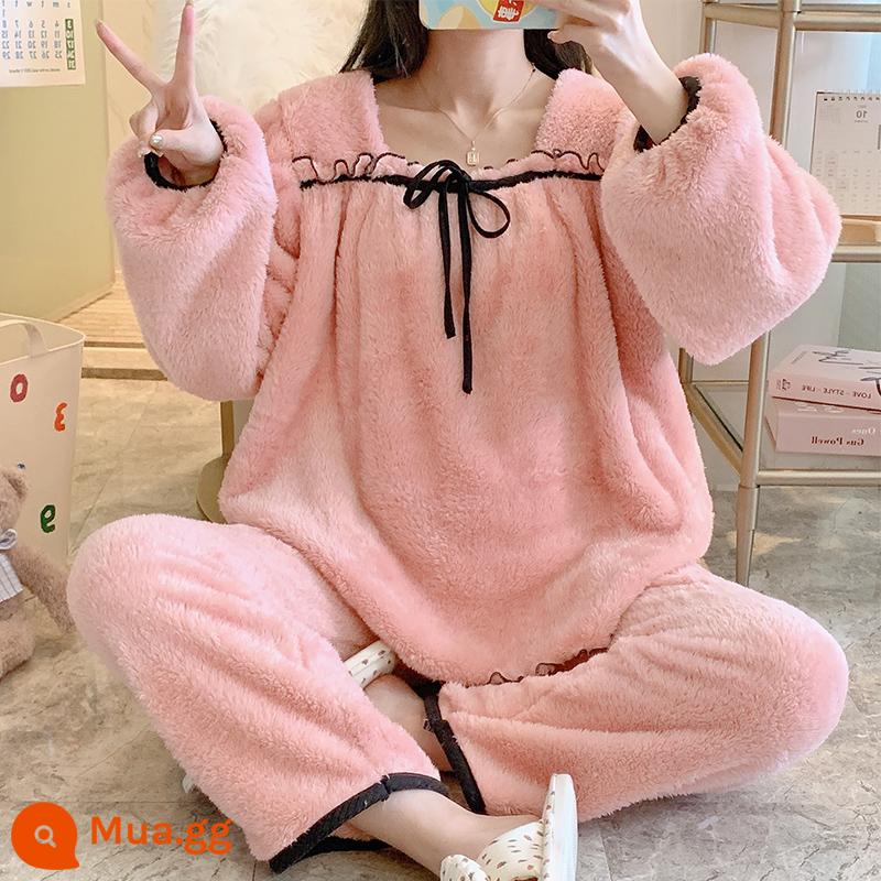 Bộ đồ ngủ mùa đông nữ lông cừu san hô dày cộng với nhung dài tay dễ thương vải flannel lỏng lẻo phù hợp với dịch vụ gia đình có thể được mặc bên ngoài - 737 đậu tương