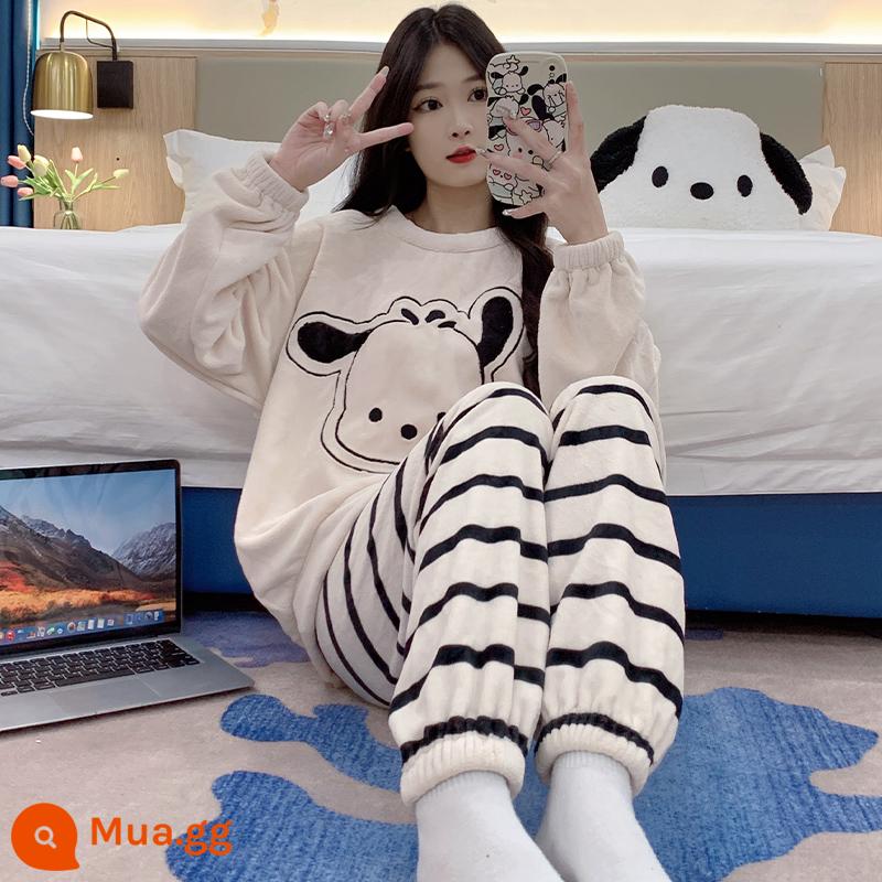 Bộ đồ ngủ mùa đông nữ lông cừu san hô dày cộng với nhung dài tay dễ thương vải flannel lỏng lẻo phù hợp với dịch vụ gia đình có thể được mặc bên ngoài - 512