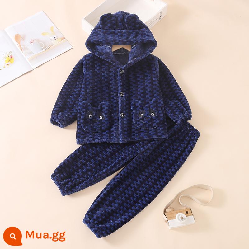 Bộ đồ ngủ trẻ em mùa thu đông flannel bé trai bé trai lớn trẻ em dày san hô nỉ bé gái nhà quần áo - Màu xanh hải quân ca rô