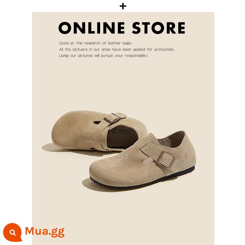 Giày Birkenstock da thật toàn bộ của Nemo dành cho nữ đế dày đế bằng nút chai Sanxi cùng phong cách thu đông cộng với giày Birkenstock nhung và dép nửa dép - Kaki nhẹ che phủ toàn bộ