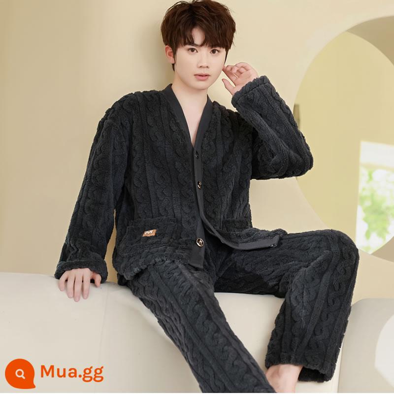 Mẫu mùa thu và mùa thu nam mới của Pyjama dày lên và Velvet Long -sleeved Coral Velvet Velvet Hoàng - y02-R9105 Cổ chữ V xoắn màu xám đậm