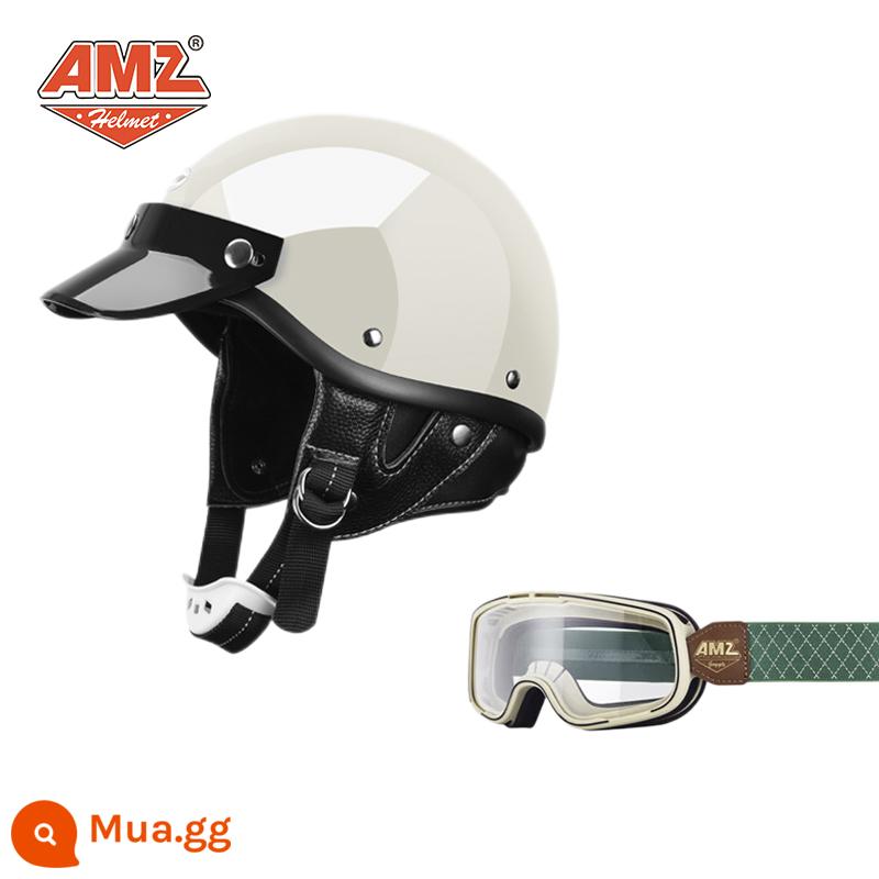 AMZ Nhật Bản Retro Xe Máy Nữ Mũ Bảo Hiểm Nhỏ Harley Sợi Thủy Tinh Xe Máy Mũ Bảo Hiểm Nửa Xe Điện Nam Muỗng Mũ Bảo Hiểm - Kính bảo hộ có đường màu xanh lá cây + khung trắng bóng (SF Express miễn phí vận chuyển thân mũ bảo hiểm nhỏ không phải 3C)