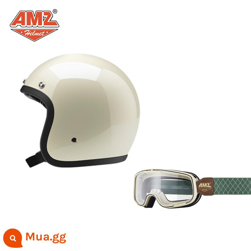 AMZ Retro Đầu Máy Đầu Máy Mũ Bảo Hiểm Nữ Mùa Hè Ba Phần Tư Xe Điện Nam 3C Chứng Nhận Harley Mũ Bảo Hiểm Nửa - Kính bảo hộ màu trắng ngà + gọng trắng xanh (SF Express miễn phí vận chuyển)