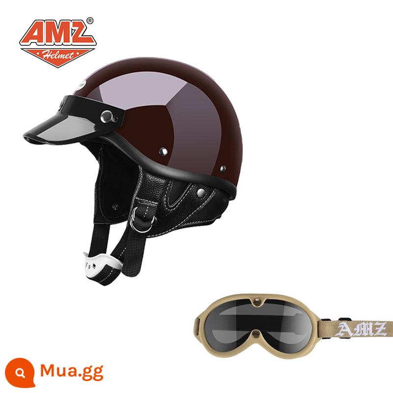 AMZ Nhật Bản Retro Xe Máy Nữ Mũ Bảo Hiểm Nhỏ Harley Sợi Thủy Tinh Xe Máy Mũ Bảo Hiểm Nửa Xe Điện Nam Muỗng Mũ Bảo Hiểm - Kính bảo hộ mới màu đỏ cổ điển + kaki (SF Express miễn phí vận chuyển thân mũ bảo hiểm nhỏ không phải 3C)